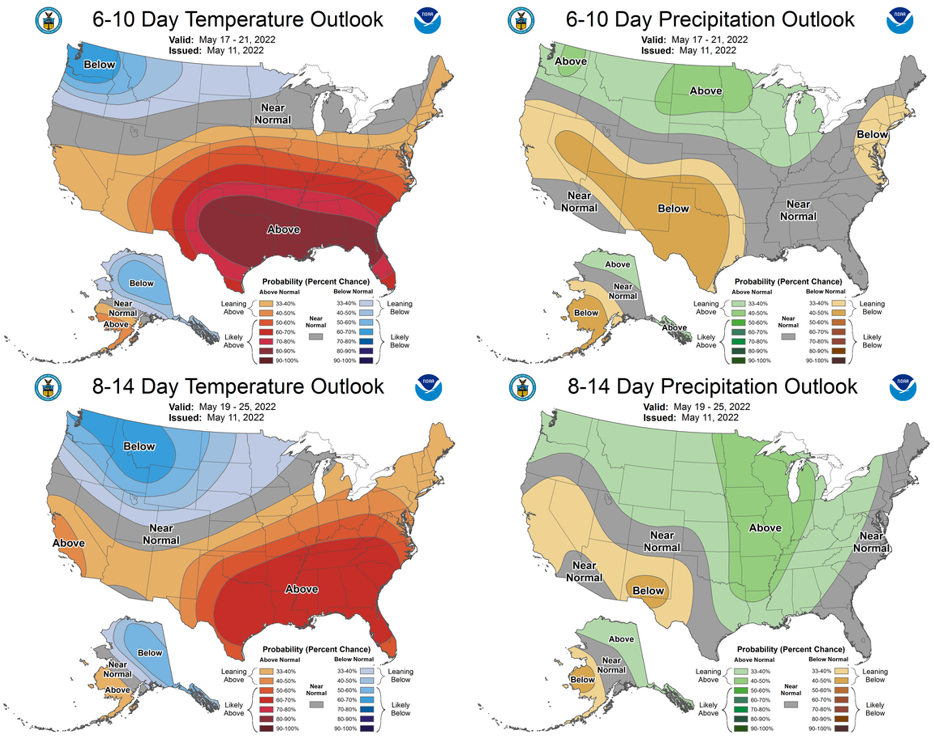 The 6-10 day (May 17-21, top) and 8-14 day (May 19-25, bottom) outlooks for temperature (left) and precipitation (right).
